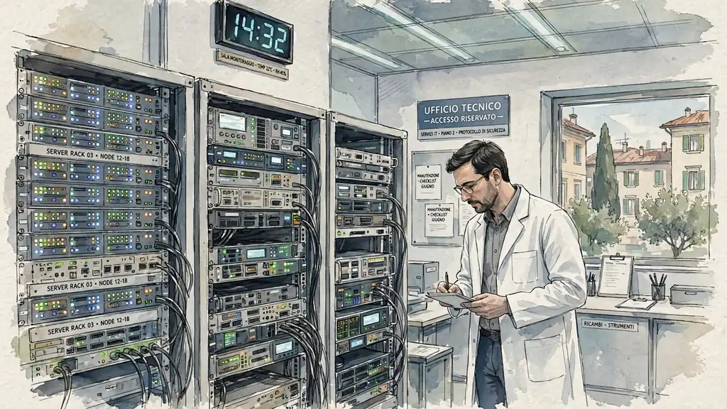 Tecnico che controlla server in una sala di monitoraggio certificata.
