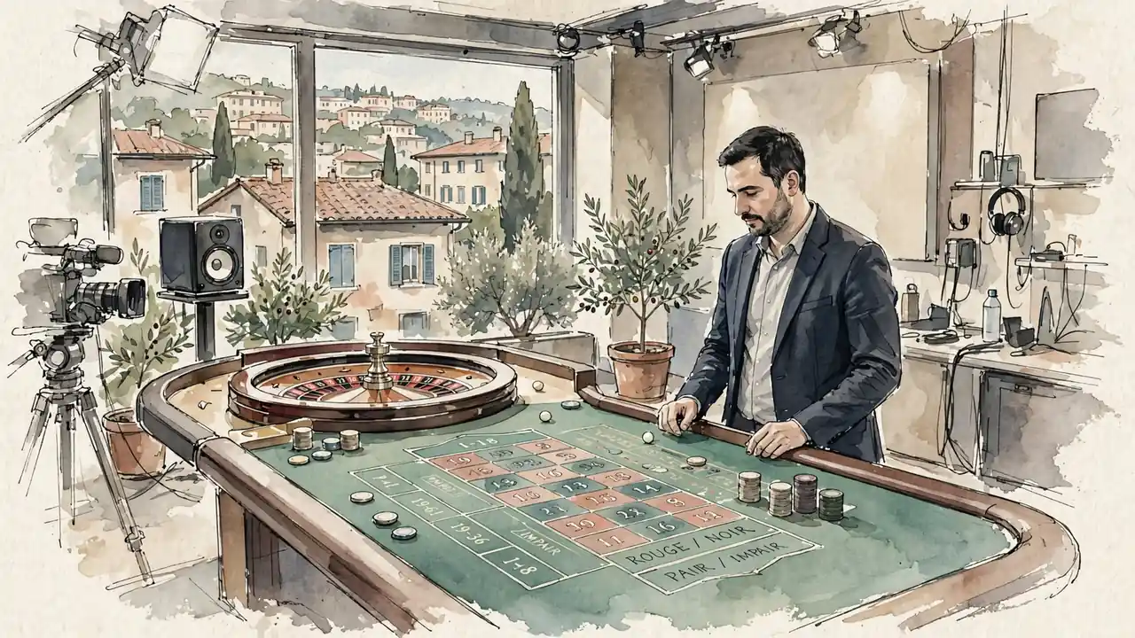 Croupier dal vivo in uno studio professionale di casinò.