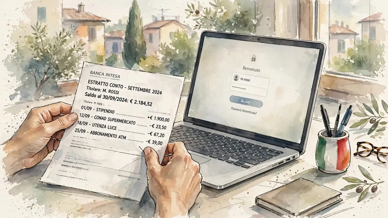 Controllo di un estratto conto vicino a un portatile su una scrivania.